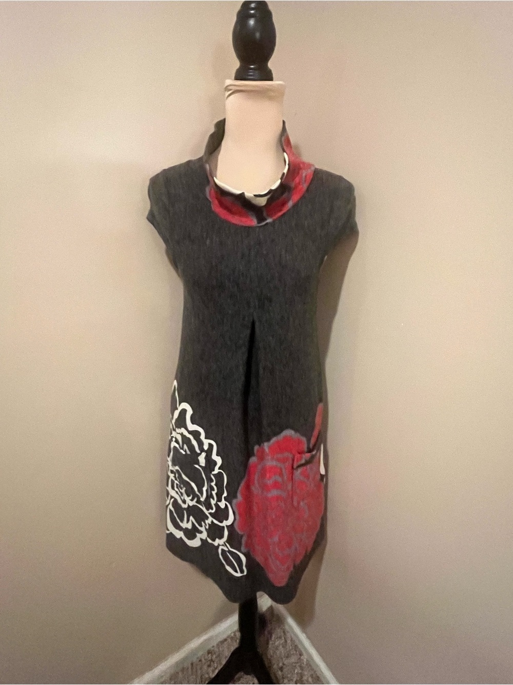 Funky People Charcoal Gray Tunic Sweater with Red & White Floral Accents